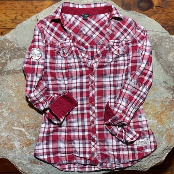 size S - Guess Cheery Cherry Plaid sparkly pretty fitted feminine classic style - Picture 16 of 16